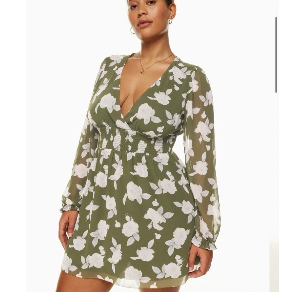 Aritzia Wilfred Wistful Floral Smocked Mini Dress Grotto Green Size Small